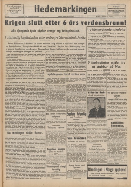 Forside: Hedemarken, 8. mai 1945 – «Krigen slutt etter 6 års verdensbrand!»